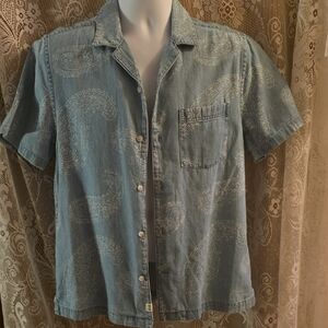 New‎ Mutual Weave Men's S Light Wash Denim Blue Paisley Short Sleeve Shirt